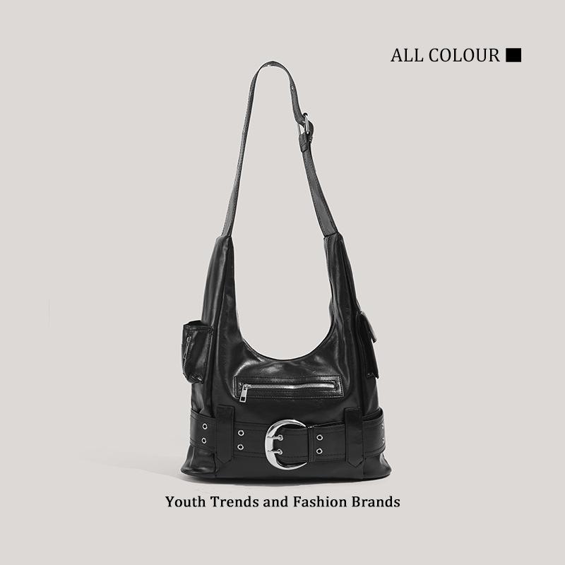 

Retro functional shoulder locomotive bag, new sweet and cool commuter big bag, solid color underarm bag. чёрный