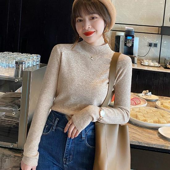 

Осень 2025 Женский топ с длинным рукавом из шерстяного трикотажа с полувысоким воротником в корейском стиле One Size