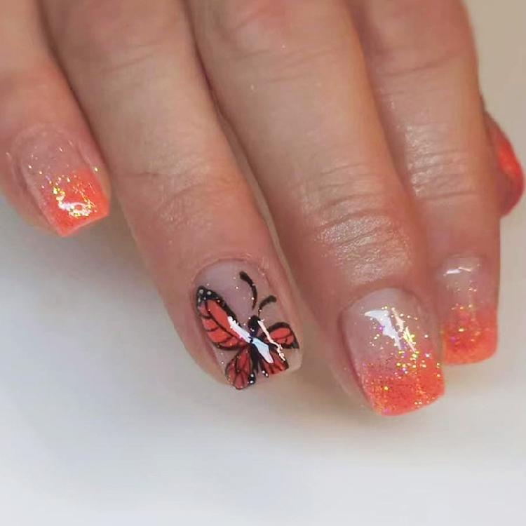 

24Pieces Fall Winter Orange French Glitters False Nail Butterfly Design Press On Nail Easy Application Long Last 1