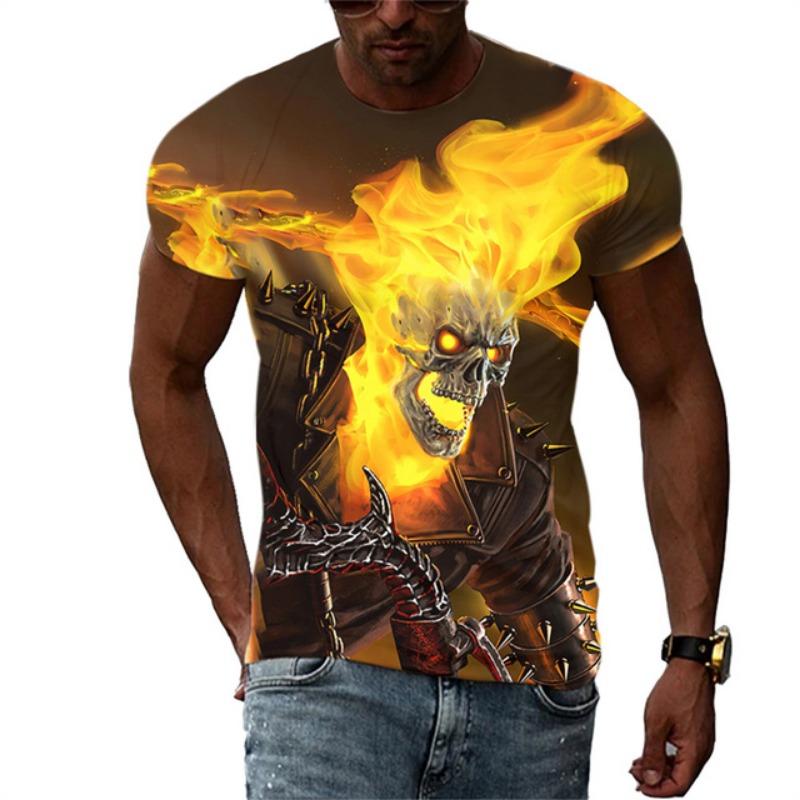 Summer Men's Fashion Trend New T-shirt 3D Flame Skull Digital Print Hip Hop Loose Street Clothing Casual Daily Round Neck Top