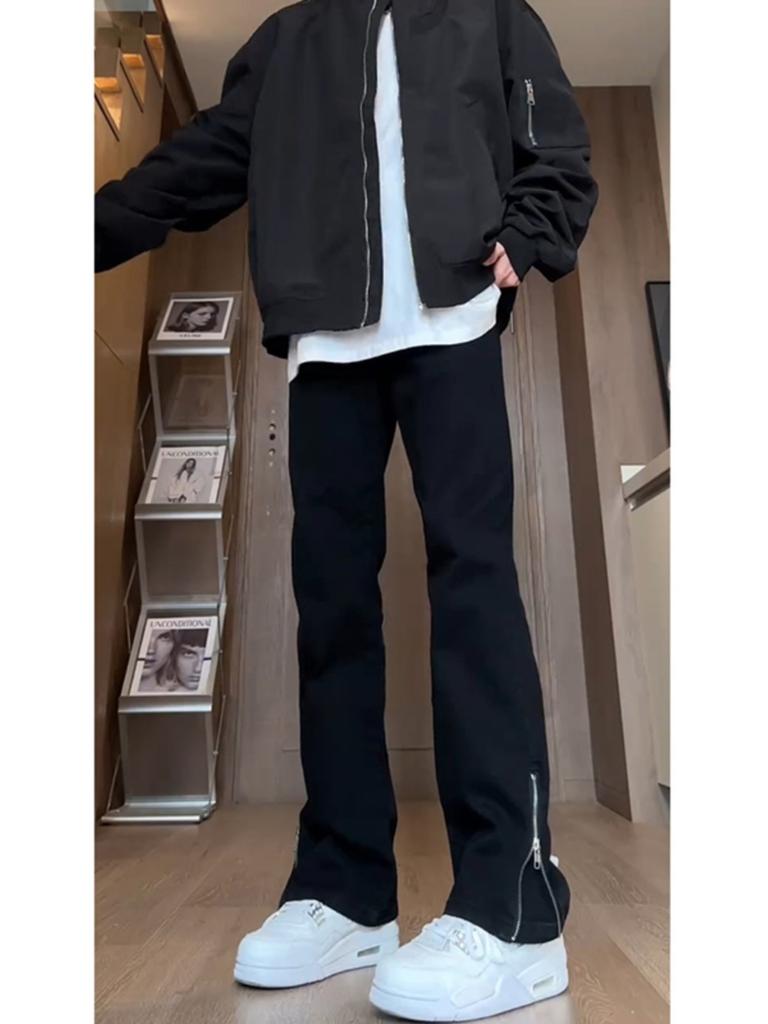 Schwarze Seitenreißverschluss Weiden-Krummsäbel Jeans Herren Herbst und Winter Amerikanische High Street Samt Gerade Slim-Fit Micro-Stretch Hose