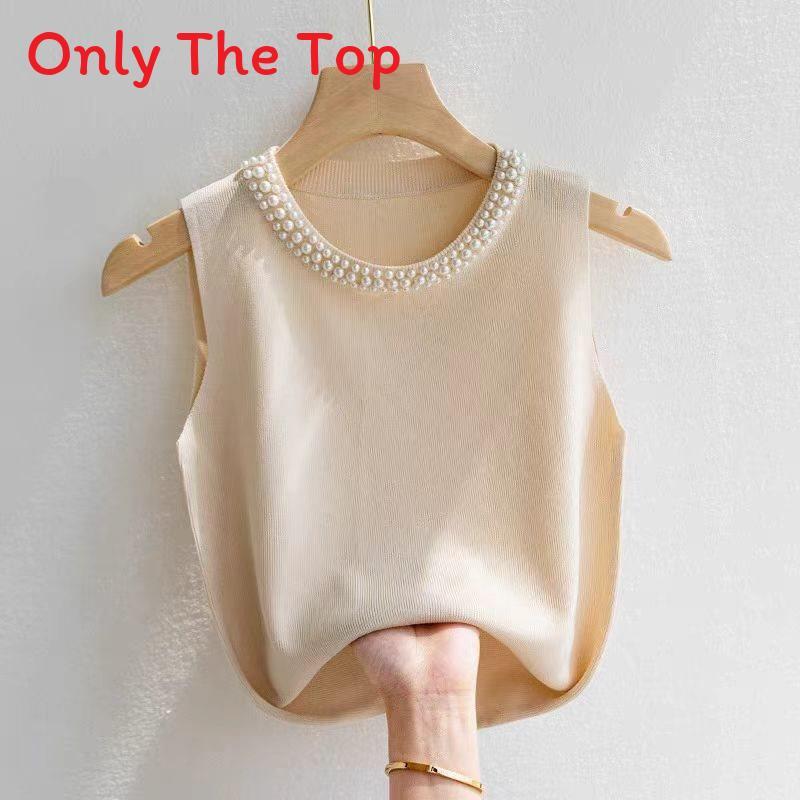 Summer Womens Knitted Tank Top With Pearl Embellishments For Casual Wear