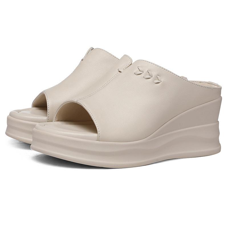 Soft-soled casual leather sandals comfortable spring and summer new outer slippers heightened thick-soled wedge heel fish mouth sandals