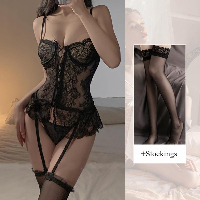 Sexy Lingerie Push Up Underwire Bralette See Through Lace Maiden Bra Open Crotch Babydoll Chemise Harness for Small Breast Women