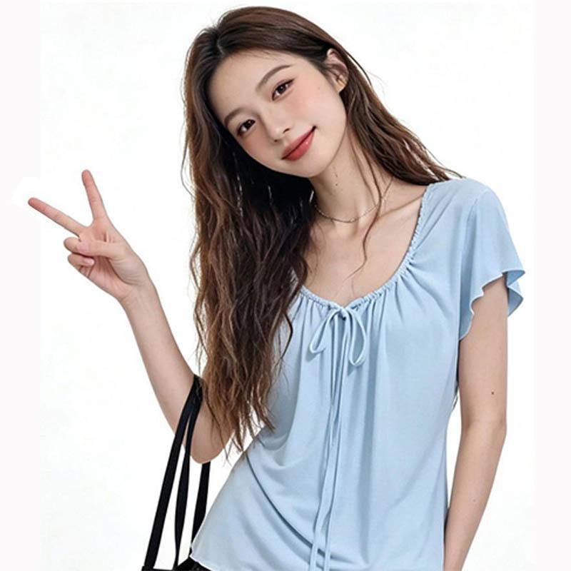 Unique and Chic Front Shoulder Straps, Super Good-looking Short-sleeved T-shirt, Summer White Thin Belly-covering Temperament Top