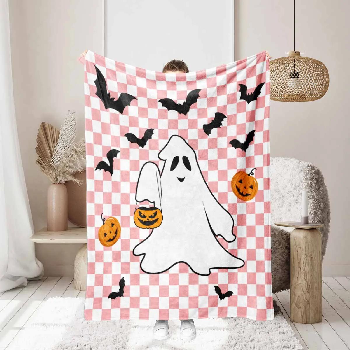 

1 фланелевое одеяло с рисунком тыквы-призрака на тему Хэллоуина, забавное покрывало для дивана, кондиционера, комнаты 30x40in