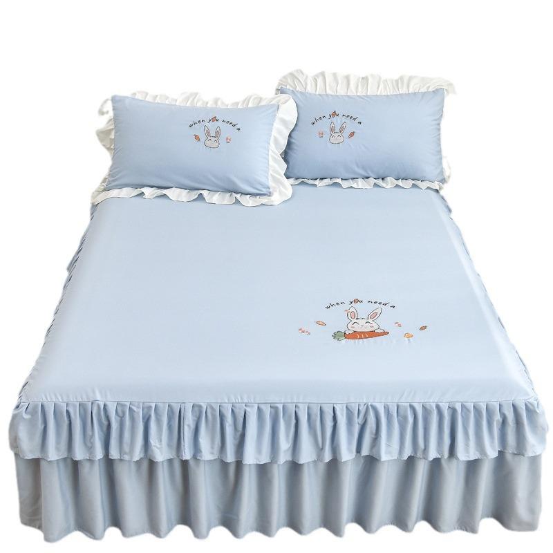 Новая корейская стильная двухслойная кружевная хлопковая односпальная юбка с вышивкой кролика, однотонная моющаяся юбка-кровать