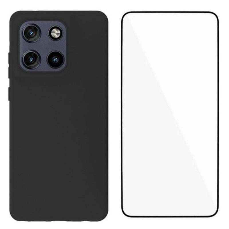 

For Motorola Edge 60 Stylus 5G TPU Case WANLONFENG MS Series Matte Back Cover with Tempered Glass (Big Hole Lens) Black