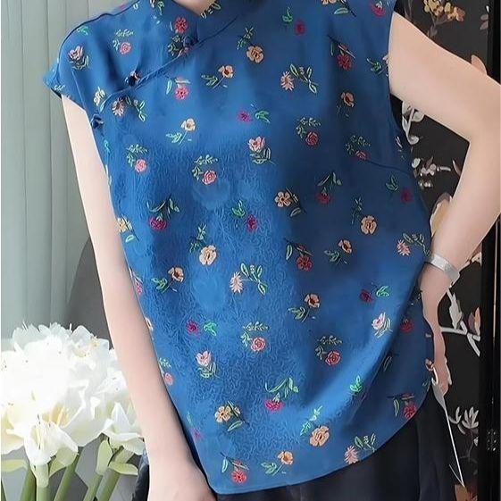 

Цветочный верхний синий универсальный темпераментный топ с короткими рукавами и воротником-стойкой лето M [Recommended below 50kg]