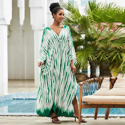 Rochie de caftan de mărime Plus pentru femei, tunică, maxi lungă, kimono, caftan, rochie cu dungi verzi, cămașă de noapte, rochie casual de petrecere pe plajă Q1523