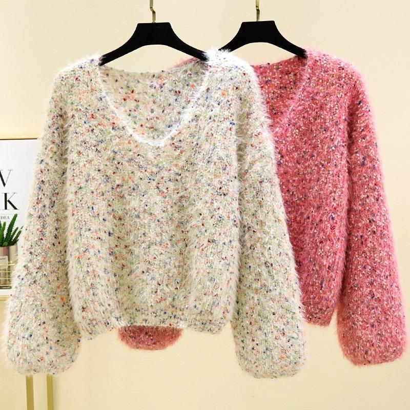 Autumn Winter Women Sweet V-neck Soft Furry Mohair Knitted Sweater Christmas Pullover Tops