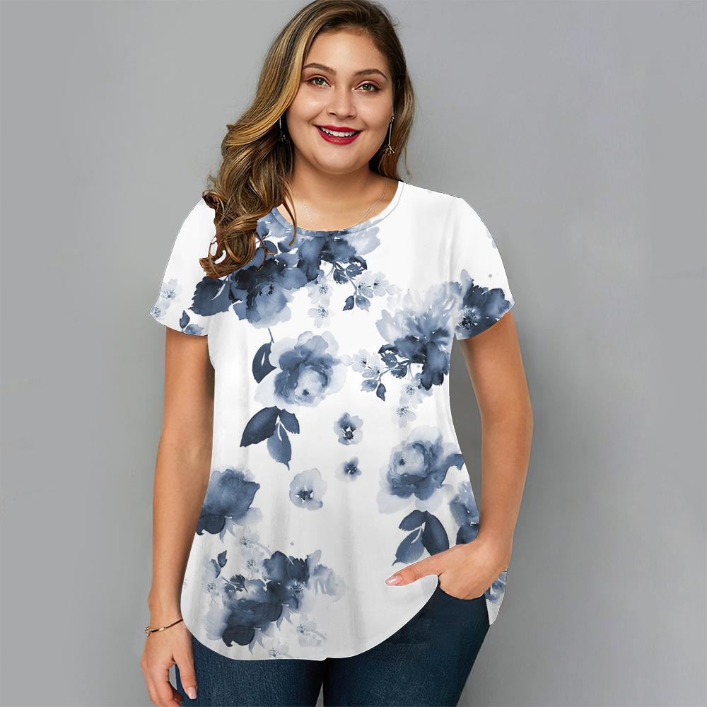 Summer Round Neck Floral Graphic 3D Print Top Fashionable Casual Short Sleeved Plus Size Women's T-shirts