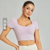 Weiman Nude Skin-friendly Yoga Short-sleeved Chest Pad Mesh Stitching Cross-strap Running Sports Quick-drying Top Women
