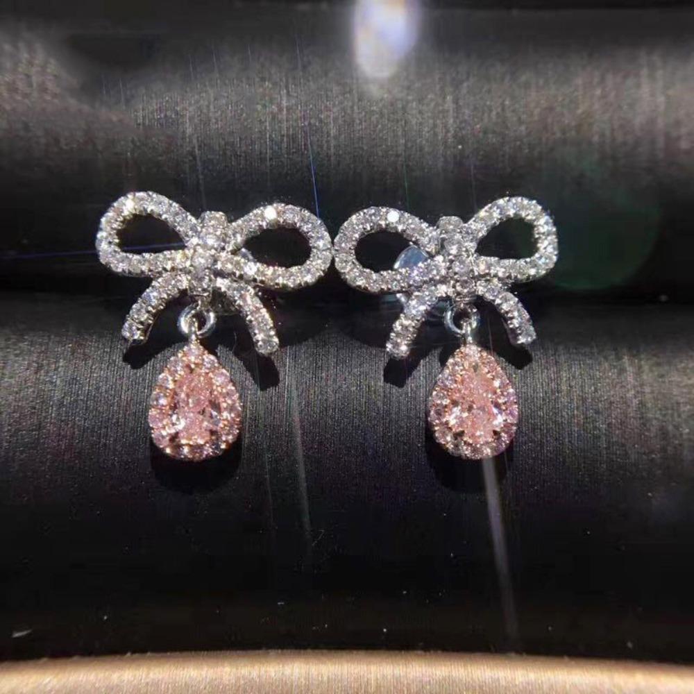 Elegant Bow Pink Diamond Earrings with Pear Shaped Yellow Zircon Drops for Women