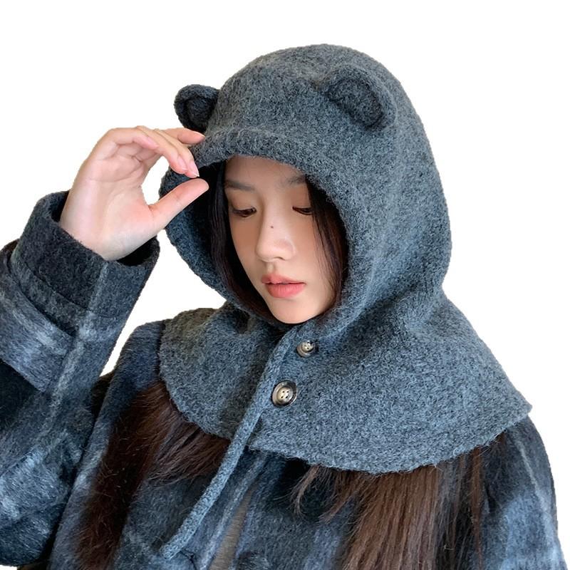 Sweet and Cute Thickened Bear Wool Hat In Winter Windproof and Warm Scarf Integrated Hat Outdoor Casual Ear Protection Hat