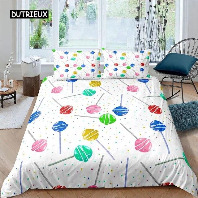 Lollipop Duvet Cover Set Food Theme Comforter Cover Blue Bubble Bedding Set for Kids Children Women Girly Dreamy Quilt Cover Three-piece Set