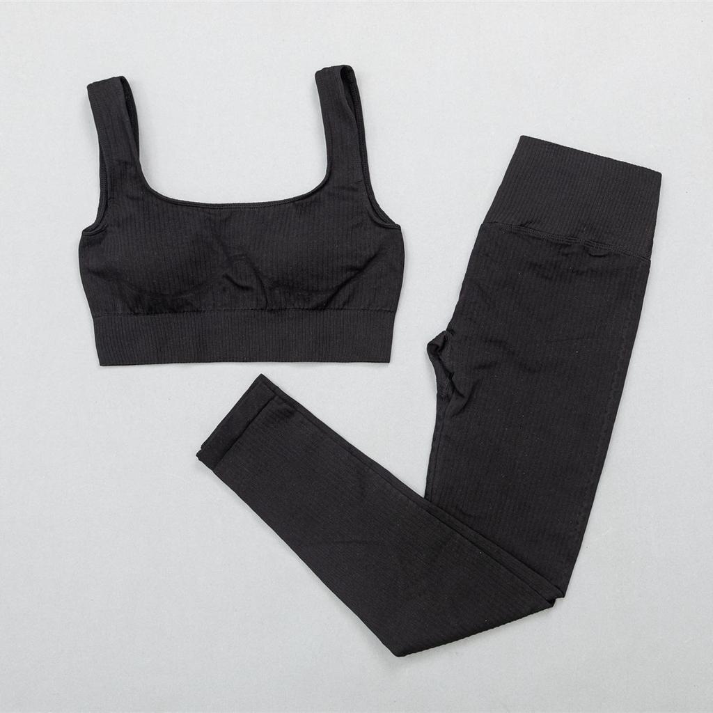 Women's Solid Color Seamless Ribbed Sports Bra and High Elastic Yoga Set