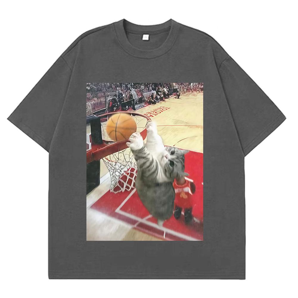 Vintage Funny Cat Dunking Basketball Meme T Shirt Men Women Casual Tshirt Summer Loose Cotton Highquality Oversized Tshirts