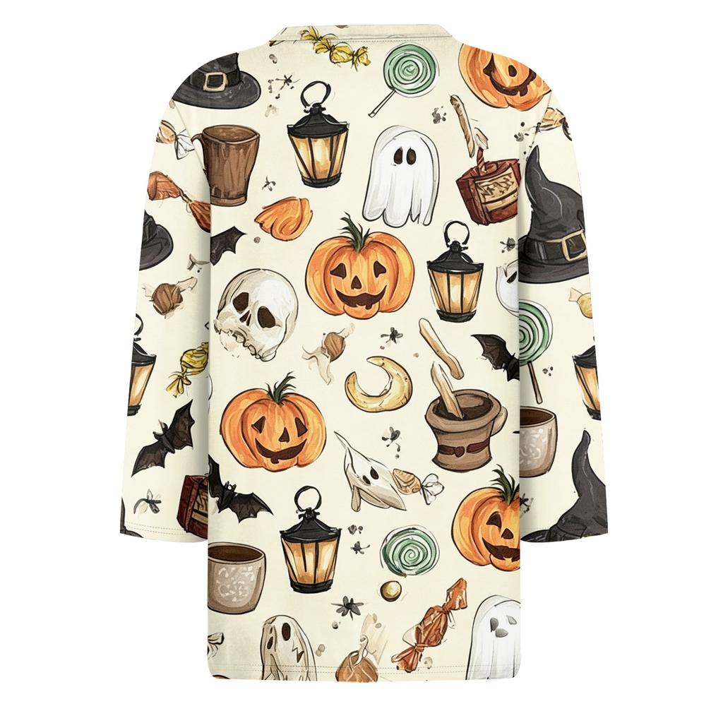 Women 3/4 Sleeve Casual Loose Fit Round Neck Shirt Halloween Bat Print Lightweight Pullover Top for Everyday Wear