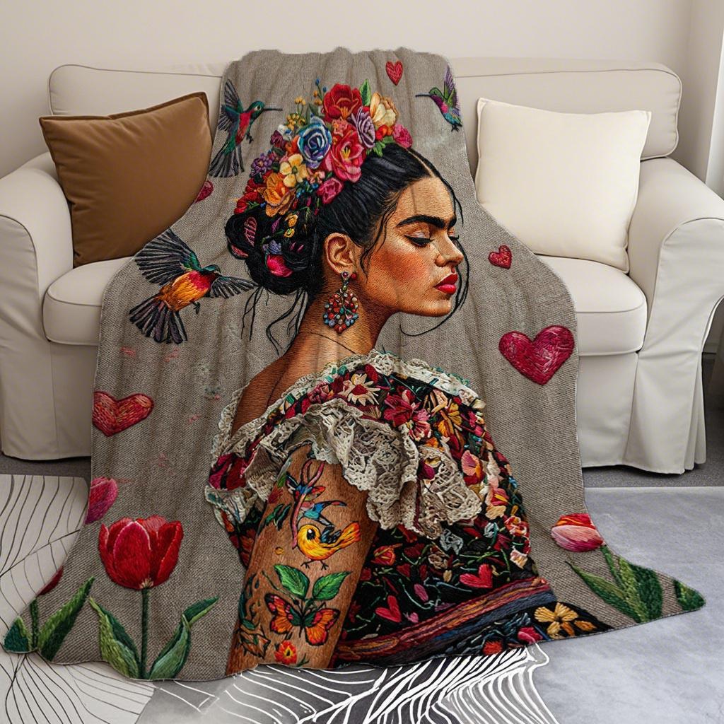 English: Modern Mexican Women Tattoo Print Art Blanket - Large Soft All-Season Multi-Purpose Throw for Bed, Sofa, Travel & Gift