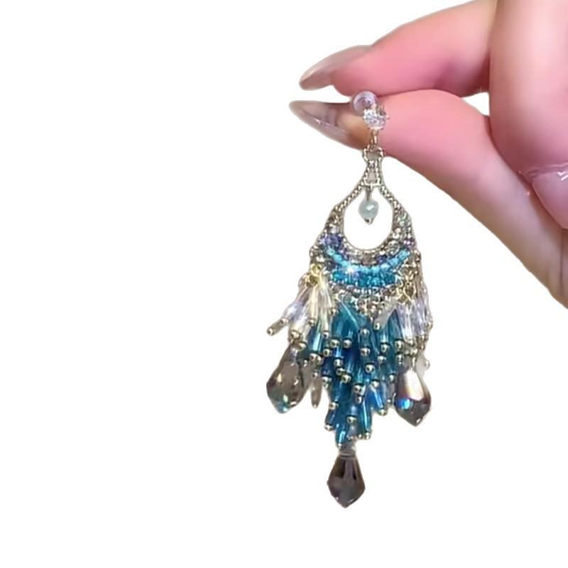 Silver Needle Rhinestone Geometric Glass Tassel Earrings - High-End Fashion Accessories for Women