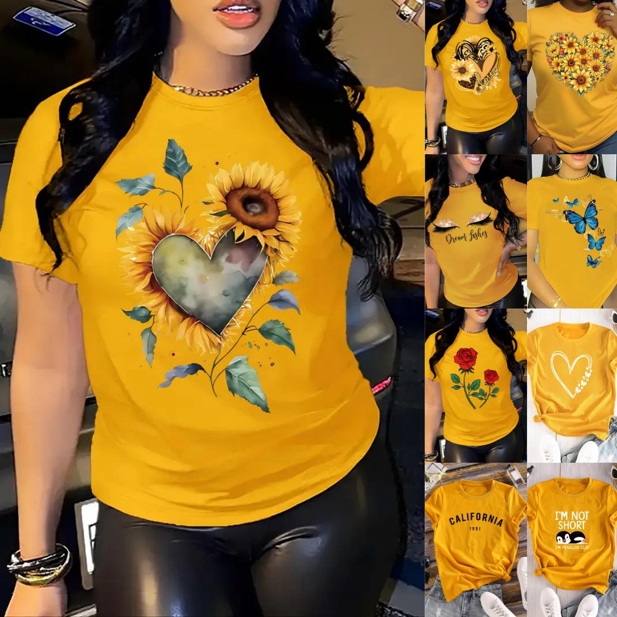 

European and American Women s Yellow Short-Sleeved Top with Picture Design Triple Extra Large