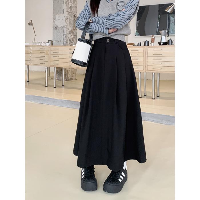 Plus Size Women's High Waist Black A-Line Midi Skirt - Autumn/Winter Fashion