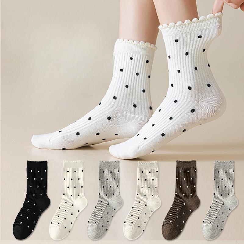 Lace Socks, Women's Long Socks, Polka Dot Black Ear-trimmed Cotton Socks, Autumn and Winter Sports Pile Socks, Versatile Boneless Mid-calf Socks