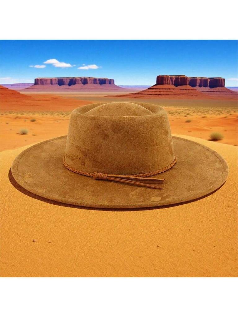 Vintage Western Wide Brim Felt Fedora Hat With Decorative Band For Women And Men