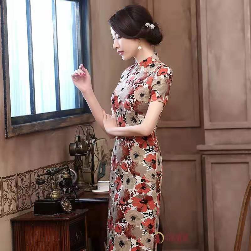 Summer Short-sleeved Cheongsam Chinese Style Dress Medium-length Large-size Dress