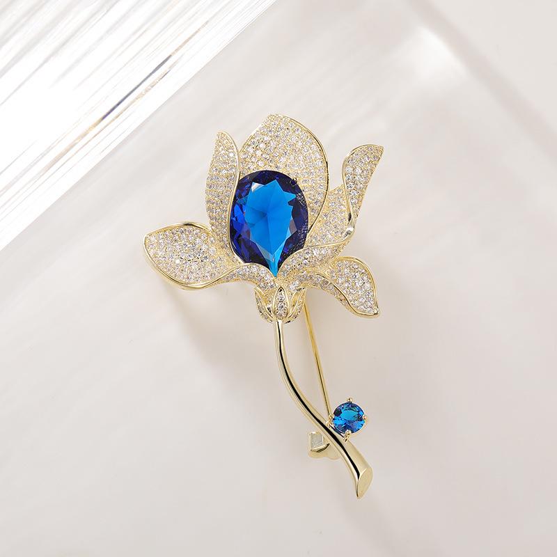 Blue Zircon Magnolia Corsage Brooch - High-End Lily Flower Pin