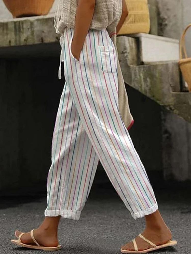 Women's Colorful Striped Wide Leg Pants with Drawstring Waist