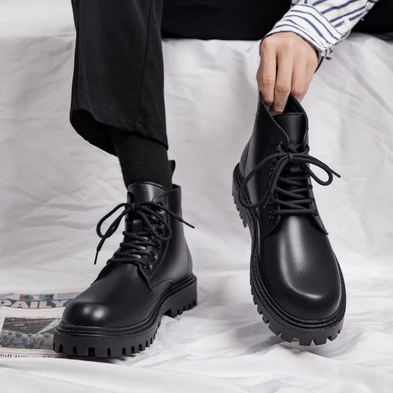 Fashion Men's Leather Boots Autumn New Leather Surface Solid Color Black British Style Boots