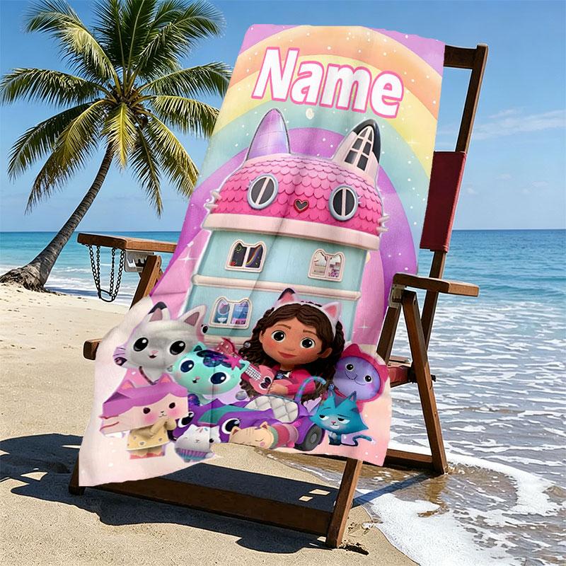 Custom Name Personalized Gabby's Dollhouse Print Beach Towel, for Trip Camping Beach Party Home Decor, Birthday Gift for Family & Friends