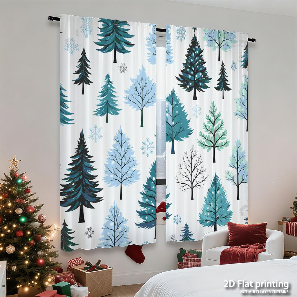 Piece Set High Definition Digital Printed Curtainswatercolor Blue Green Pine Tree Patternhome Decoration Style Curtains Made Of Polyester
