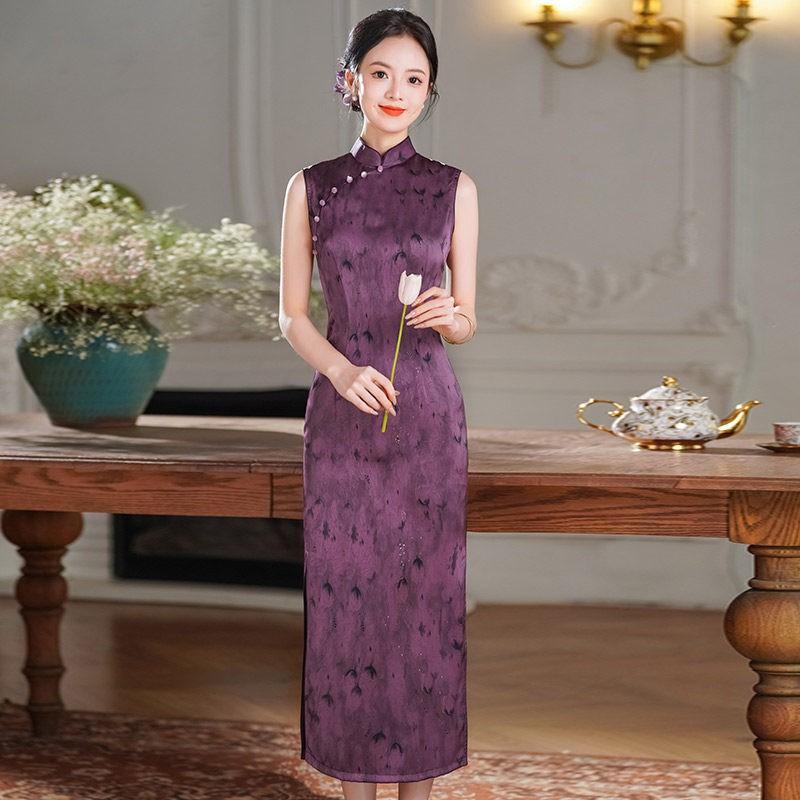 Purple Sleeveless Long Cheongsam Dress 2026 Womens Elegant Modern Chinese Style Formal Outfit Small