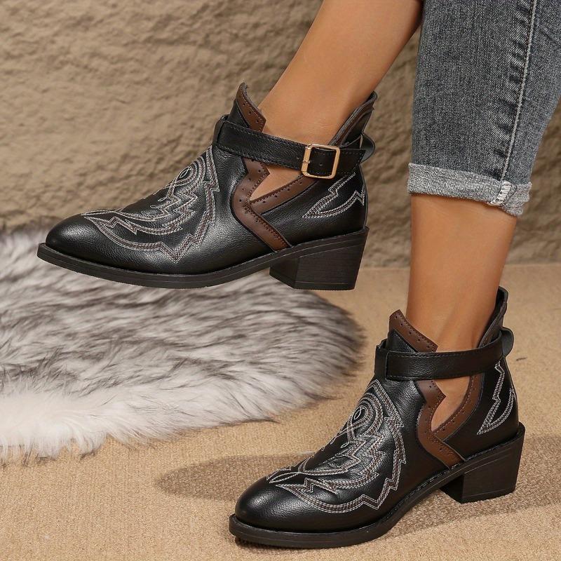 1 Pair Women'S Western Cowboy Boots - Chunky Mid-Heel Square Toe with Buckle Strap Closure, Black Synthetic Cover & Rubber Sole