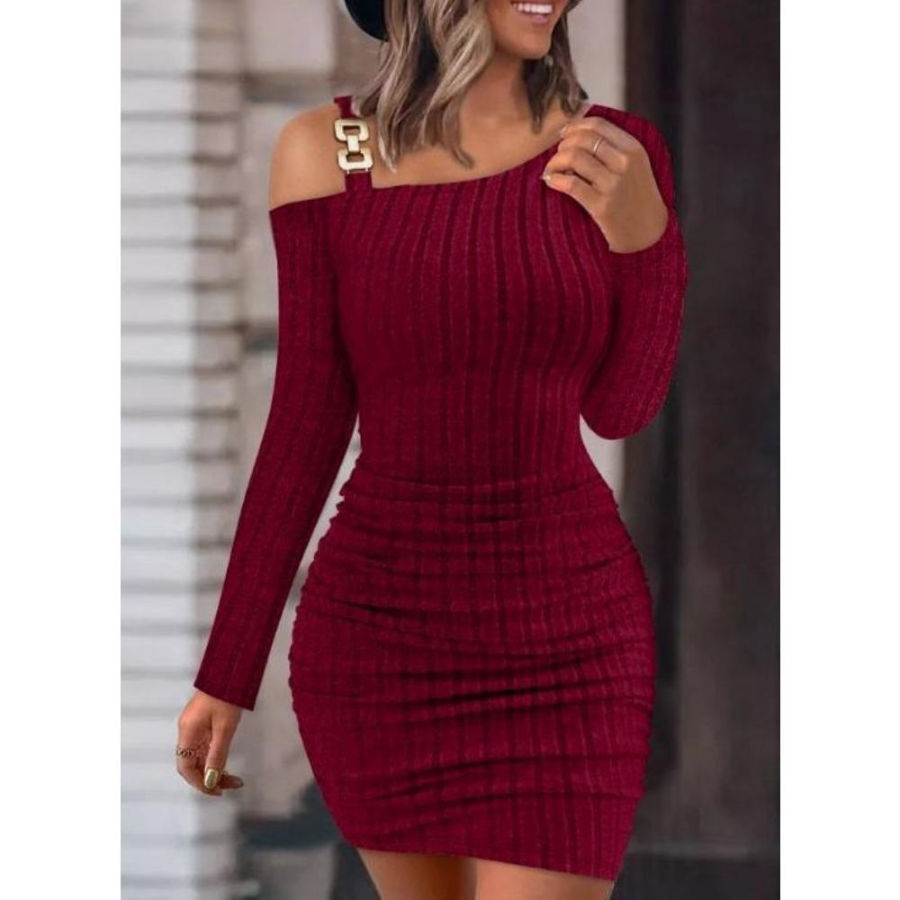 Autumn and Winter Women's Solid Colour Metal Buckle Slant Shoulder Collar Tight Package Hip Slim Sexy Long-sleeved Dresses