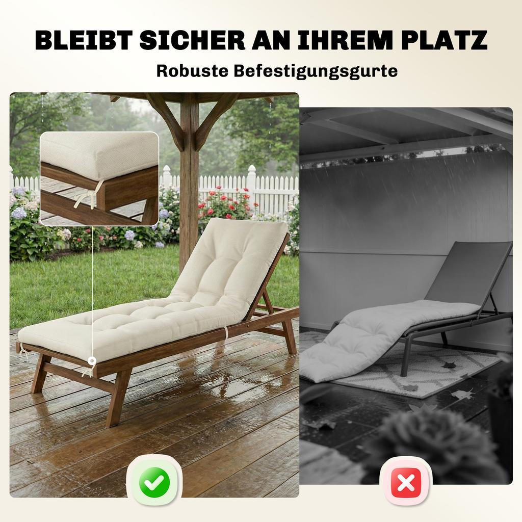 Pallet Cushion, Removable Seat Cushion with Fastening Straps, Pallet Pad for Most Loungers, 198x65x13cm, Beige