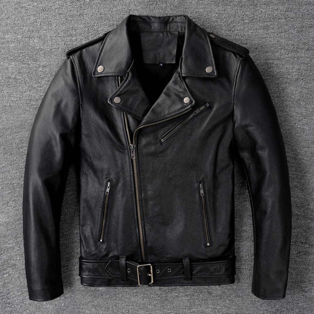 Классическая мужская кожаная куртка на косой молнии, натуральная коровья кожа, приталенная, мужская, коровья кожа, пальто, весна, осень M чёрный