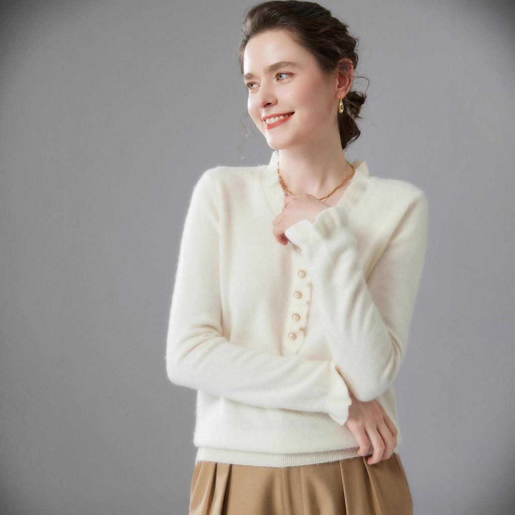 Women's White Cashmere V-Neck Lace Trim Slimming Soft Knit Top