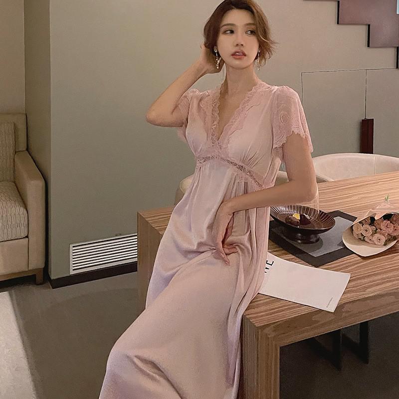 Dámské noční košile Elegantní palácový styl Princezna Dlouhá noční košile Spodní prádlo Letní Krátký rukáv Noční košile Saténová Hedvábná Domácí šaty