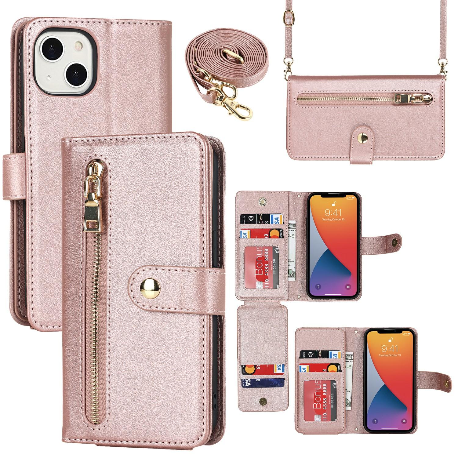 

For iPhone 13 mini Stand Case PU Leather Phone Cover with Straps/Zipper Wallet/Multiple Card Slots Rose Gold