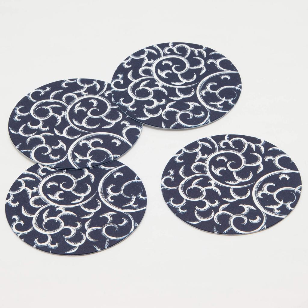 Endo Shoji TKG Paper Coasters, Navy Blue with Arabesque Pattern (100 pieces), Round, 90mm Diameter, 1mm Thick, a Must-Have for Evening Drinks,
