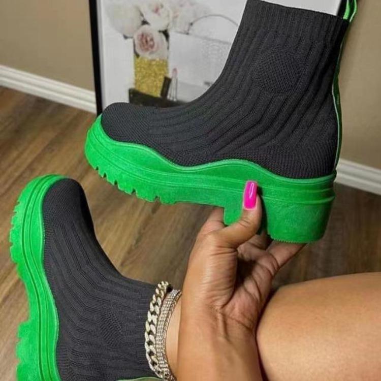 Autumn New Large Thick Sole Knitted Short Boots Women's Round Head Mid Heel Short Sleeve Women's Boots