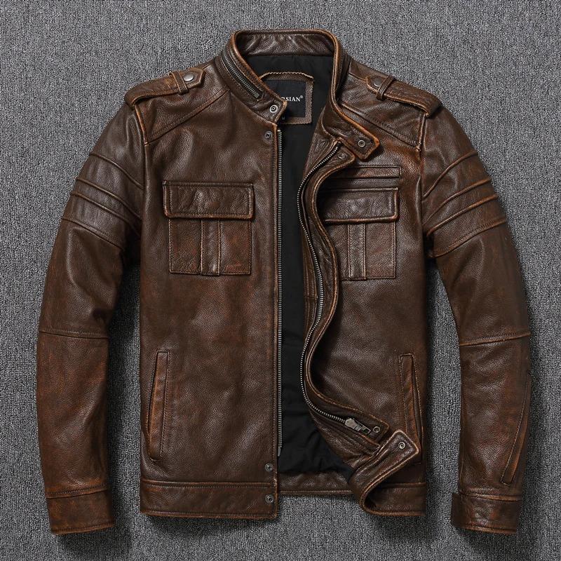 Chinesische Größe Lässige Lederjacke Herren Echtes Rindsleder Retro Vintage Lederjacken Herrenjacken Chaqueta De Cuero Para Hombre Casacos
