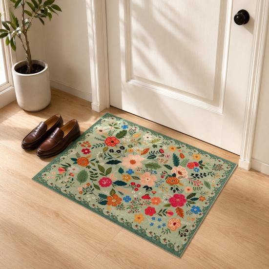 Tappeto d'ingresso floreale, Zerbino colorato con fiori retrò, Tappeto lavabile antiscivolo per porta d'ingresso, soggiorno, camera da letto, bagno