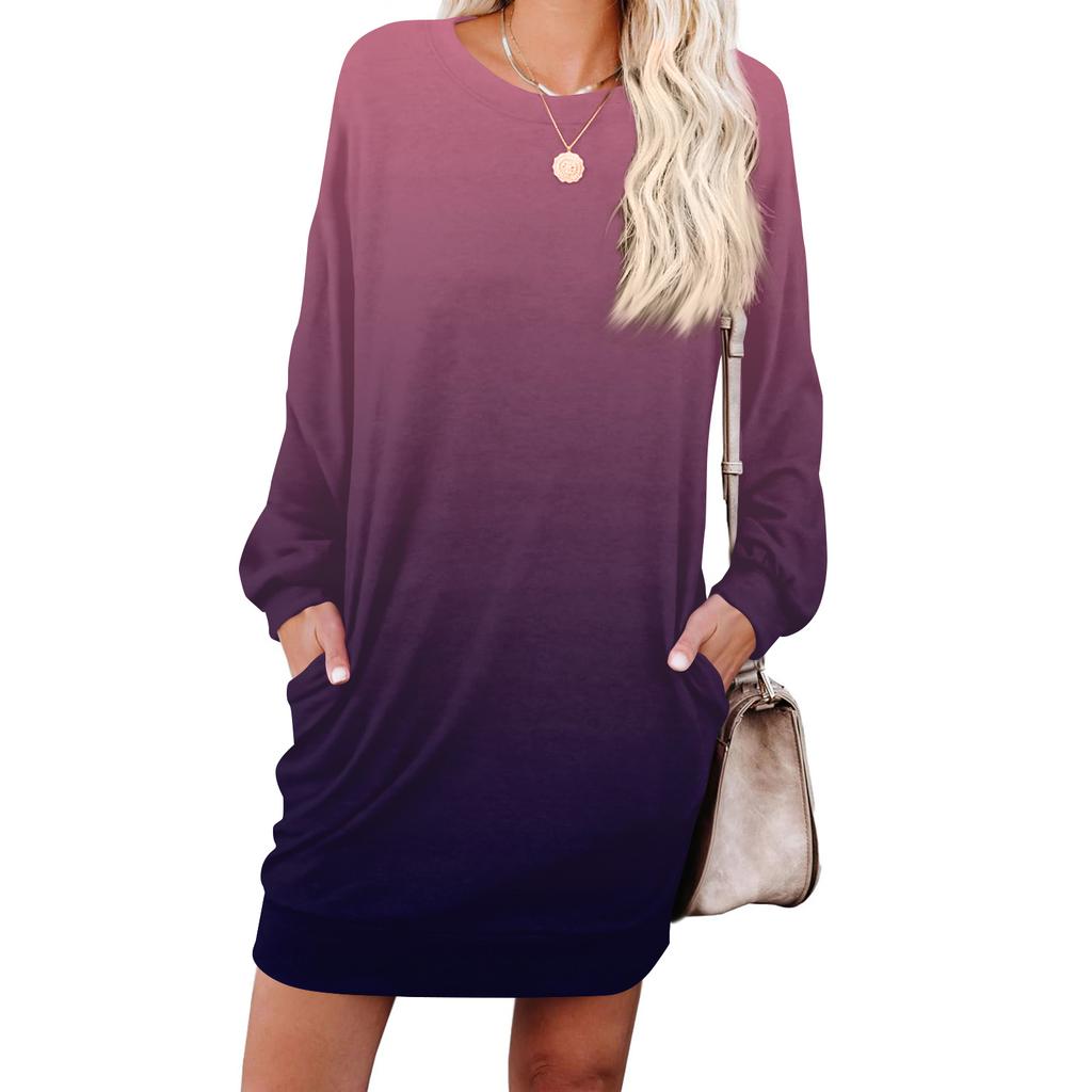 Women's Gradient Printed Fashionable Long-sleeved Round-neck Pocket Dress