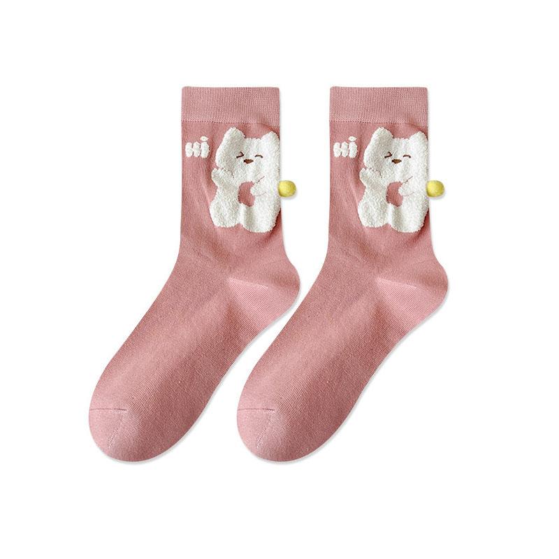 Women's 3D Cartoon Animal Mid-tube Socks with Ball Spring Autumn Cute Trendy CreativeSoft Breathable Cotton Socks