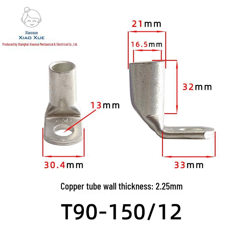 T90 Copper Tube Terminal, 90-Degree Right-Angle Bend Crimp Lug, T90-6/5 to T90-240/16 Copper Wire Lug